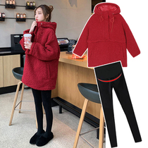 Pregnant woman autumn and winter suit fashion set top guard clothing loose medium long autumn winter mom 2022 new red