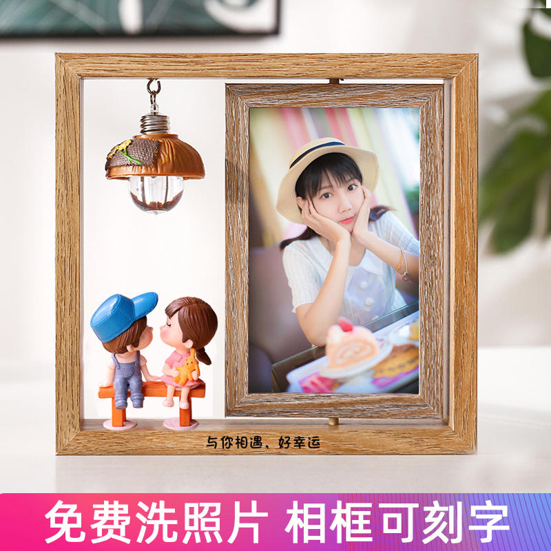 Creative Nordic 6 inch photo frame pendulum plus wash photo custom ins double sided rotating wooden photo frame engraved photo