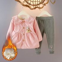 2021 new girls long sleeve thick set female baby 1-2 3 years old foreign style two-piece infant winter dress tide