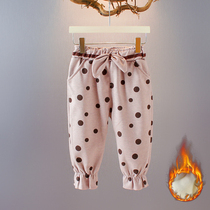 2021 Winter new girls foreign style plus velvet pants Children Baby 6-12 months long pants baby Korean winter tide