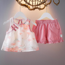 Girl Ocean Gas Summer Clothing Broken Flowers Suit 1-2-3-year-old female baby Summer suit baby Two sets of summer dress New Tide 4