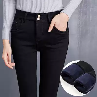 ins Korean version of black plus velvet jeans women's trousers slim slim cigarette tube pants thickened tight pencil pants tide