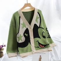  Knitted cardigan jacket womens 2021 autumn and winter new cartoon Mickey mouse cute sweater Western style loose outer jacket