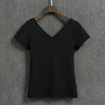 Dark short-sleeved V-neck T-shirt womens summer neckline tight top halter solid color half-sleeved jeans tide