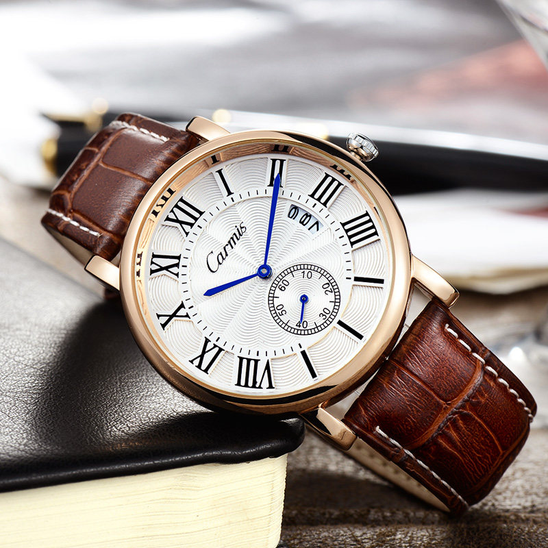 卡美仕手表男学生时尚真皮带防水男表韩版潮流简约石英表男士手表