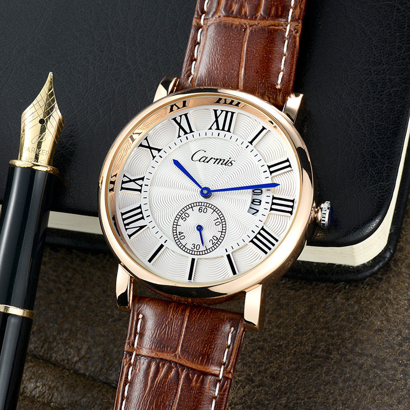 卡美仕手表男学生时尚真皮带防水男表韩版潮流简约石英表男士手表