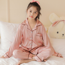 Girls pajamas spring and autumn thin ice silk long-sleeved suit 2021 childrens new cute little girl air-conditioned home clothes