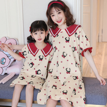 Girls pajamas cotton summer short sleeves thin parent-child mother-daughter nightdress girls middle-of-the-middle child dress childrens nightgowns