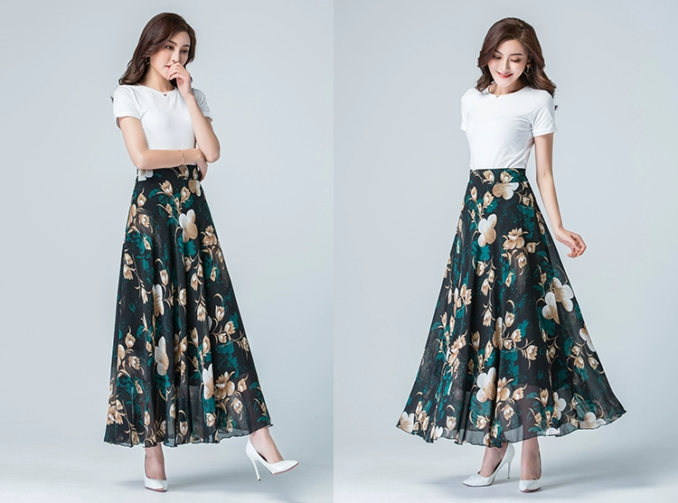 2020 váy dài đi biển bohemian váy mùa hè váy voan dài giữa in họa tiết cổ điển váy khiêu vũ xích đu lớn - Váy