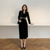 Gold Velvet Black One-piece Dress Woman Spring Dress 2022 New Belt Cashew Back Retro Long Sleeves Bottom Skirt
