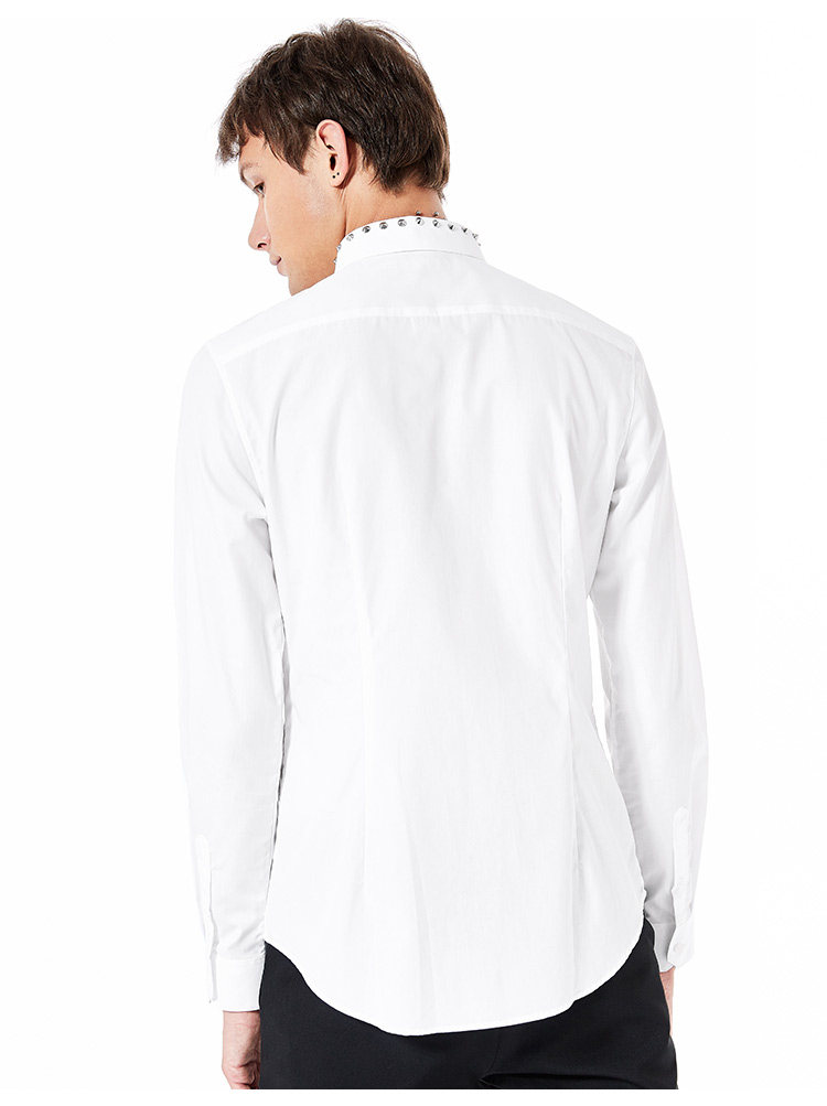 太平鸟男装 秋新款潮系列纯白色长袖金属铆钉长袖衬衫byca63z16_7折