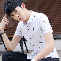 夏季短袖衬衫男士韩版修身印花衬衣青年潮流休闲商务寸衫学生
