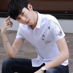 夏季男士衬衫短袖韩版修身印花男装青年白寸薄休闲衬衣男潮