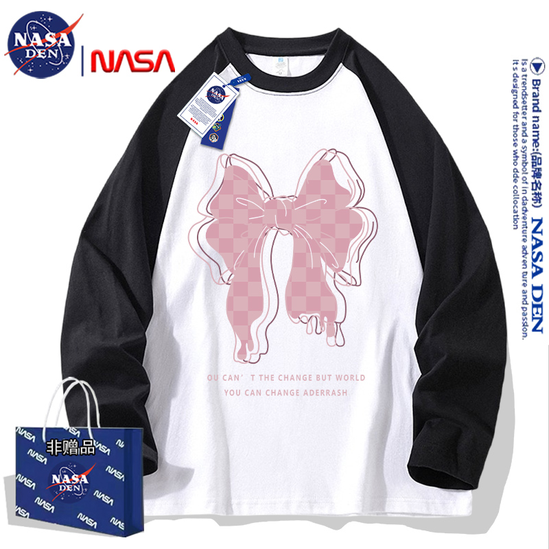 NASA's joint American spliced shoulder long sleeve t-shirt woman fall oversize design small black and white clothes-Taobao