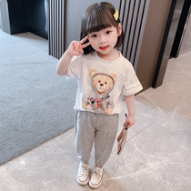 Korean girls short-sleeved T-shirt set 2021 summer childrens clothing baby cartoon bear sports and leisure two-piece set