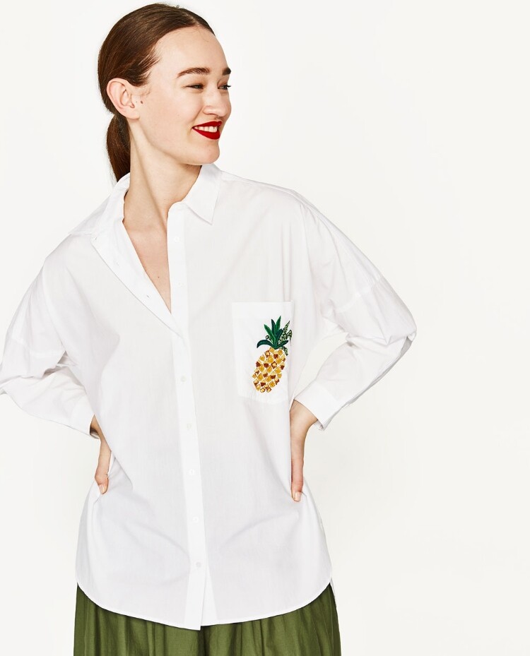 外贸原单纯棉开叉凤梨衬衣女白衬衫宽松显瘦菠萝刺绣衬衫7521/021
