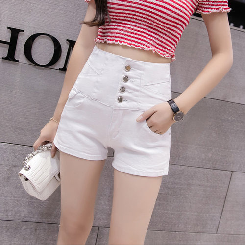 2018夏季新款白色高腰牛仔短裤女夏 显瘦a字大码排扣chic热裤女士_7折