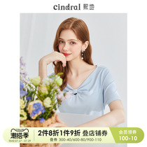 Xis 2022 Summer new blue t-shirt woman short sleeve design feeling small and gentle wind v collar unique to the blouses