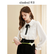 Hidi Early Spring 2022 New White Chiffon Shirt Womens Design Miniature Long Sleeve Wooden Ear Doll Collar Top