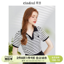 Xi Ground Stripe T-Shirt Woman 2022 Summer New Design Sense Splicing Short Sleeves Slim Positive Shoulder Polo Collar Blouse