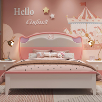 Cat little princess Childrens solid wood bed Pink girl high box storage with safety fence Teen single layer cute