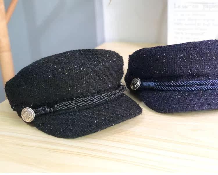 【粗呢香风海军帽子】欧美复古鸭舌帽子女秋冬新款平顶水手帽批发