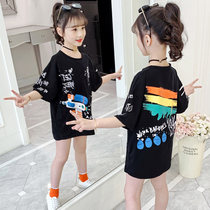 Girls t-shirt summer 2021 new foreign style childrens pure cotton short-sleeved top big virgin girl summer medium-long T