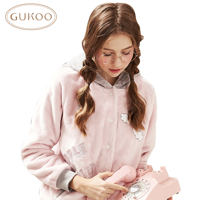 Gukoo/果壳秋冬季女连帽珊瑚绒家居服甜美字母睡衣彩虹拼接女套装产品展示图1