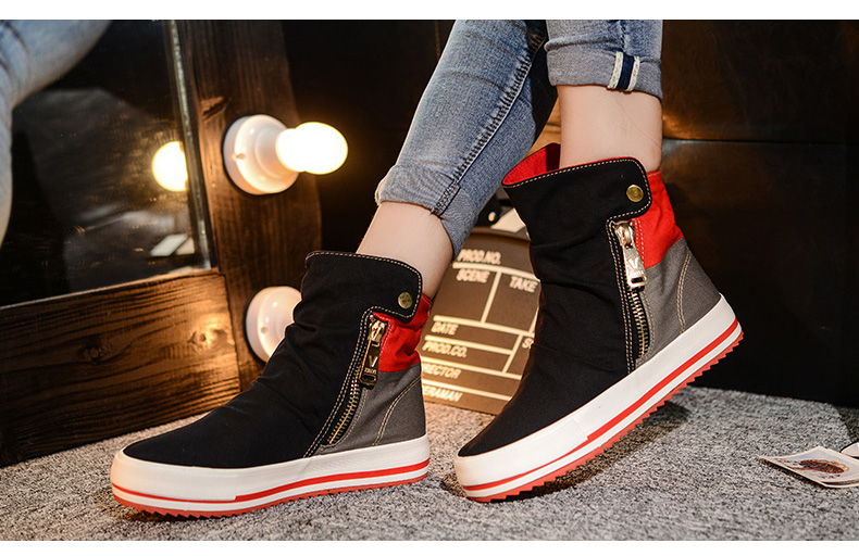 高帮鞋女秋韩版潮拼色厚底帆布鞋侧拉链休闲鞋