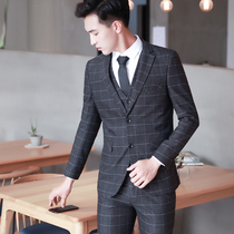Mens gray plaid suit suit three-piece business formal Korean version slim groom wedding dress suit male