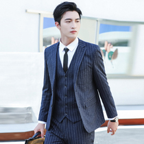Western suit suit mens three sets of Korean version sashimi professional Upright Striped Suit Man Bridegroom Groom Wedding Gown