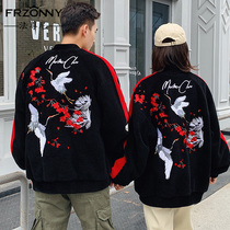 Male and female couples Korean version of ins national tide embroidered hooded wool coat short fur winter couple coat