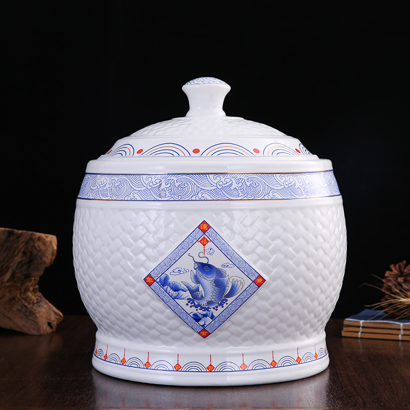 Jingdezhen ceramic barrel ricer box household rice storage box 10 jins 20 jins moistureproof insect - resistant rice jar with cover seal the bucket