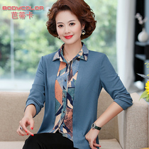 2021 new mother autumn shirt foreign style fake two-piece set wide wife thin shirt middle-aged and elderly womens T-shirt
