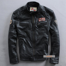 Mens clothing new headlayer Bull Leather Youth Stand-up leather Locomotive Leather leather Leather Kharey Jacket Big Code Embroidered Jacket