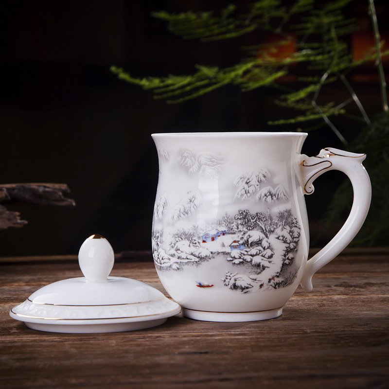Jingdezhen ceramic tea crescent insulation cup filter one cup tea cups with cover a big personal office meeting
