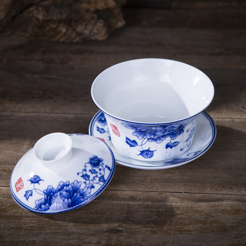 Jingdezhen blue and white tureen large tureen worship only three bowl cups tea cup flower bowl cup 300 ml