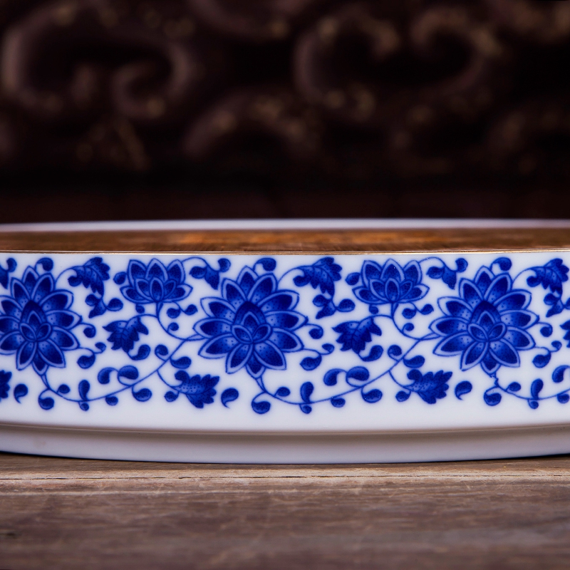 Ceramic Japanese kung fu tea tea tray circle of blue and white porcelain office water dry terms Taiwan bamboo pallets