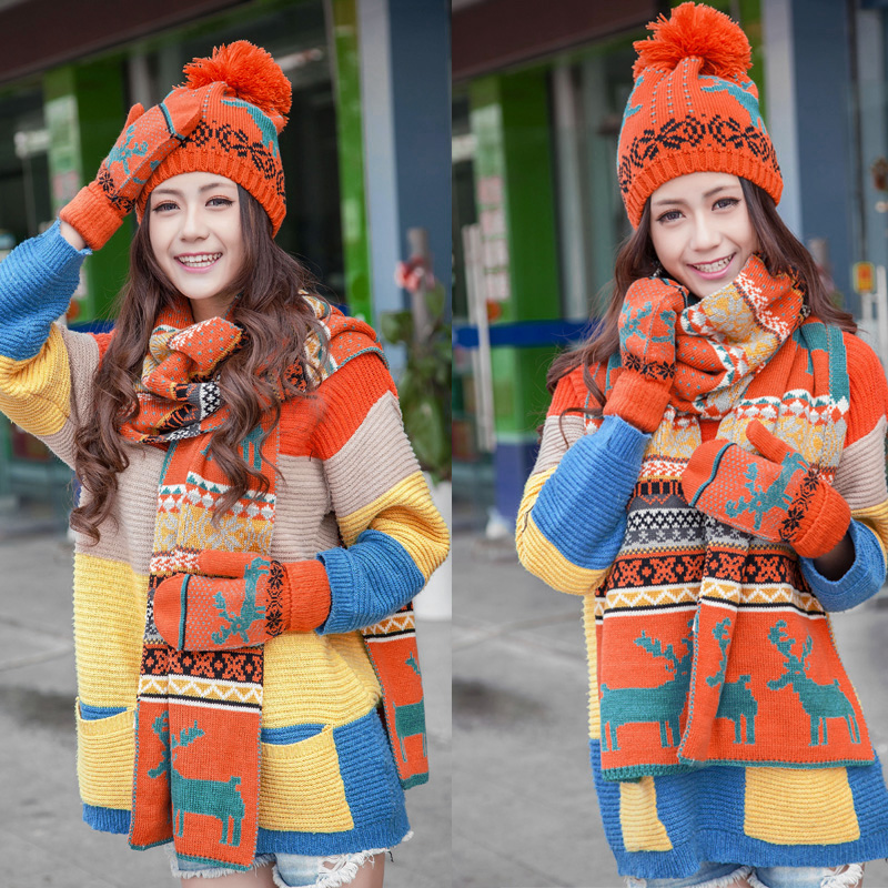 包邮冬天女韩版潮帽子围巾手套2件三件套装一体元旦礼物小鹿可爱产品展示图2