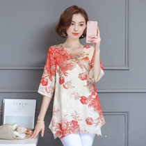 Summer new short-sleeved lace shirt loose large size medium-length middle-aged mother summer chiffon top T-shirt women