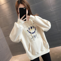 One velvet womens autumn and winter 2021 new foreign Smiley smiling face plus velvet thick coat small man hooded top