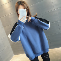 Plus velvet padded sweater womens 2021 New loose European tidal ocean air autumn winter coat round neck blue top