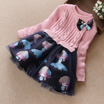 Girl dress autumn and winter 2021 New style childrens sweater skirt thick girl princess dress puffy gauze dress