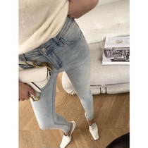 etc running single JessXu summer color mid-waist light blue tight skinny denim pants small pants