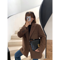 JessXu bloggers mana boundless jacket womens gray-brown wool vertical strip autumn and winter blazer