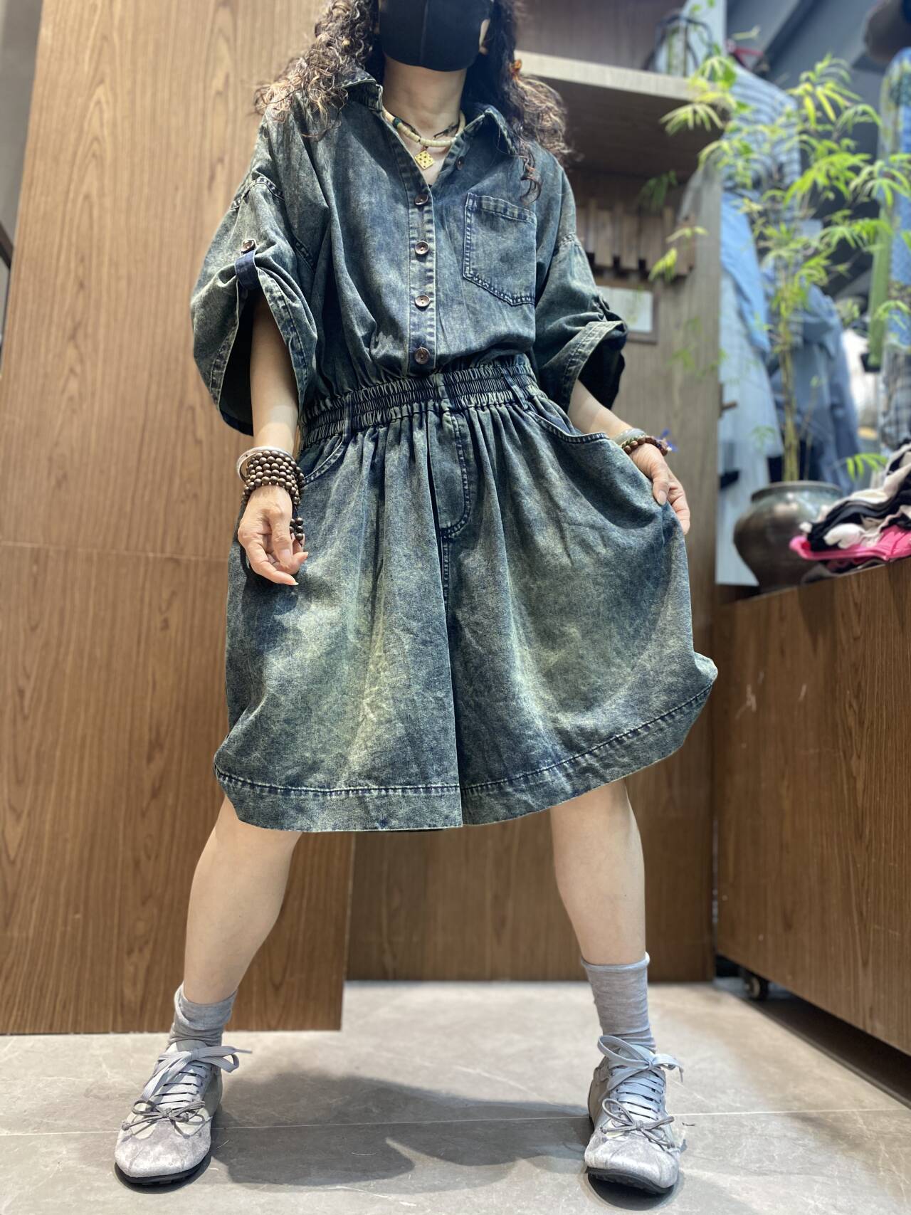 Боди/брюки 复古牛仔风高腰松紧带阔腿连身裤女宽松显瘦百搭翻领短裤