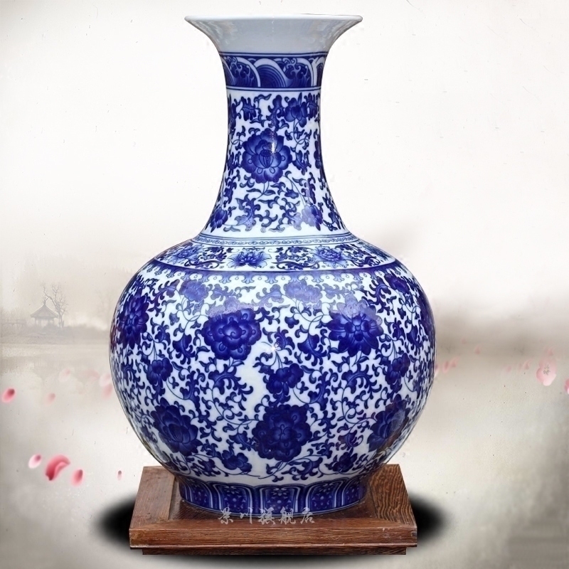 Jingdezhen ceramic blue tie up branch lotus large vase home sitting room mesa office antique craft ornaments