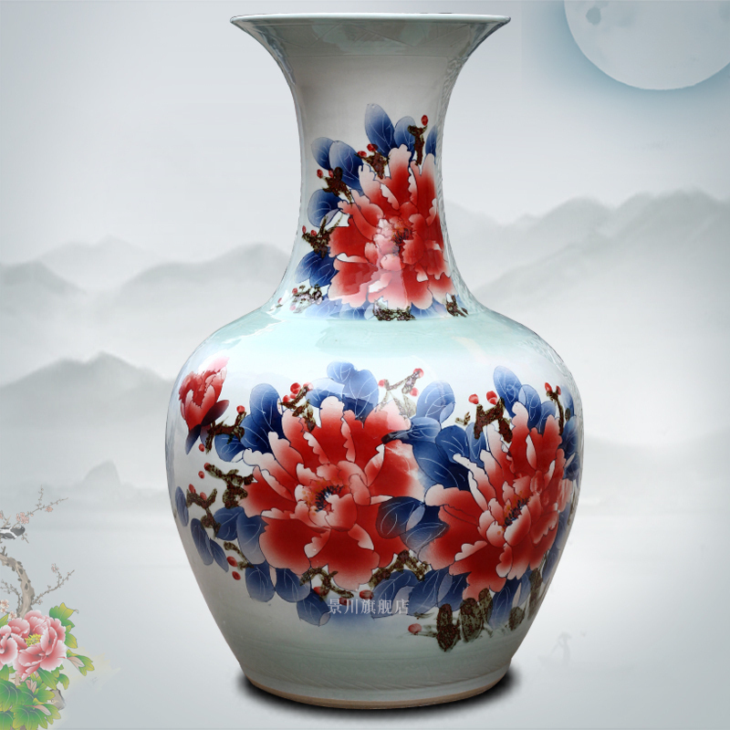 Jingdezhen ceramic hand - made figure peony blooming flowers big vase household living room large bottles of decorative furnishing articles