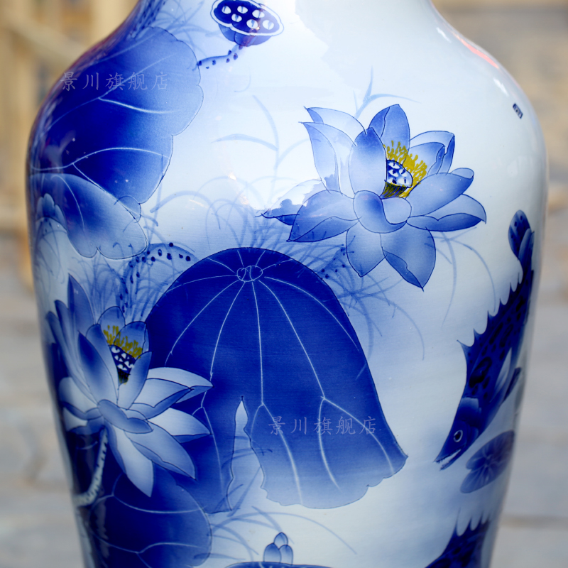 Hand - made harmony is the blue and white porcelain lotus fish landing big vase jingdezhen ceramics sitting room adornment furnishing articles