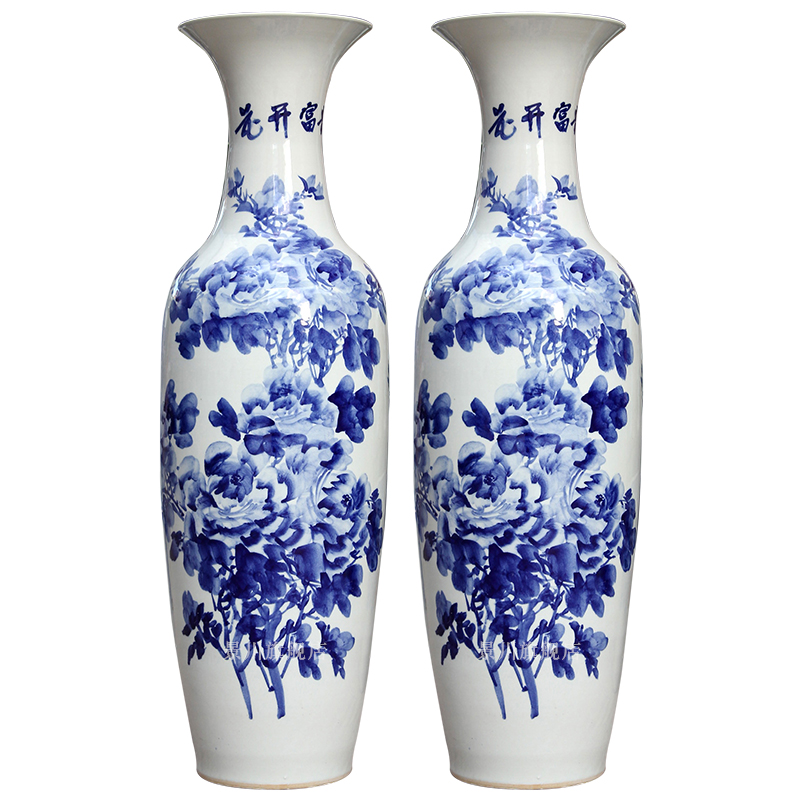 Hand - made peony landing big vase of blue and white porcelain of jingdezhen ceramics furnishing articles home decoration